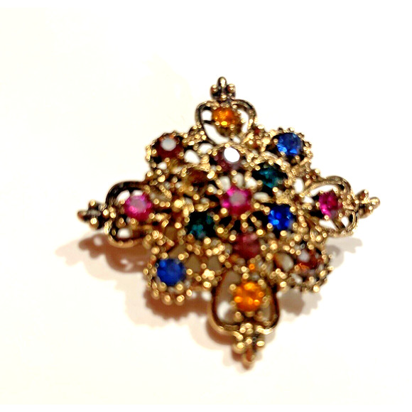 Vintage Art Deco Filigree Gold Tone And Opal Flower Brooch Pin - Picture 4 of 5